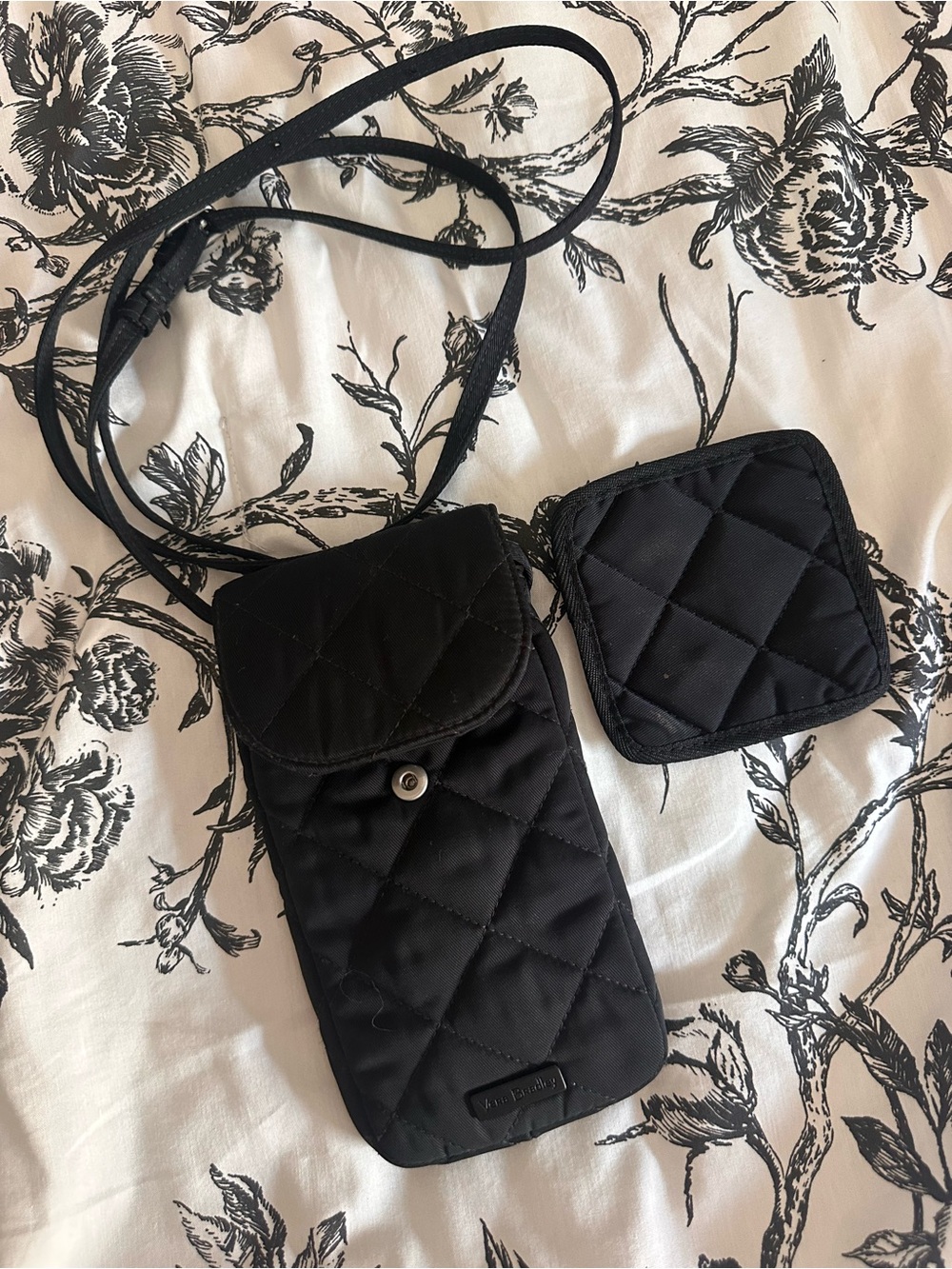 Vera Bradley, black Quilted Phone Crossbody Bag with Floral Lining and coaster